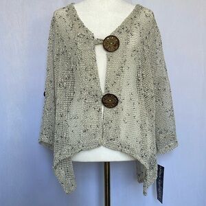 NWT Nina Leonard Open Knit Cardigan Size L Tan Button Closure Lagenlook Coastal